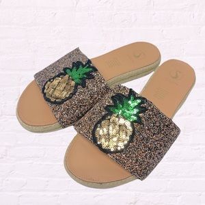 Sary gold glitter pineapple sequin slide sandals sz 8